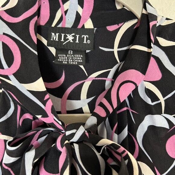 Mixit Women's Sz 8 Mod silk sleeveless button up bow collar tie office blouse - Picture 5 of 10